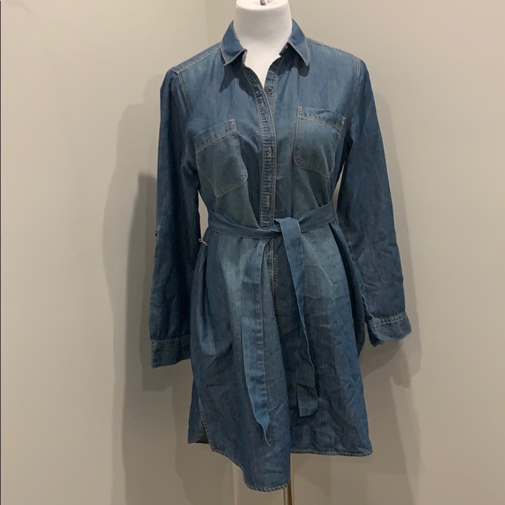 Denim shirt dress buttons with belt